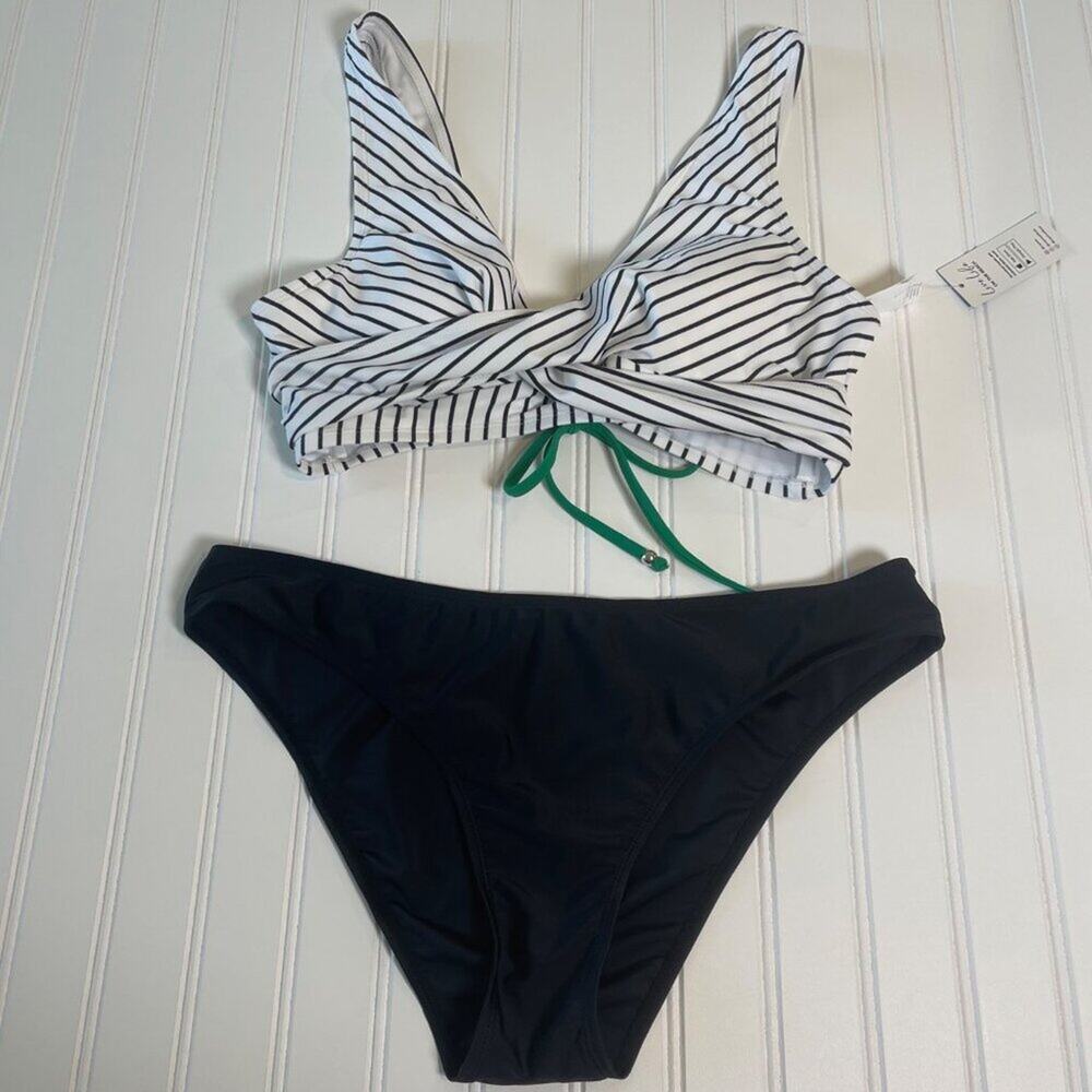 CUPSHE Women 2 Piece Swimsuit Size XL Black Stripe Wrap Top Low Rise Bikini NWT